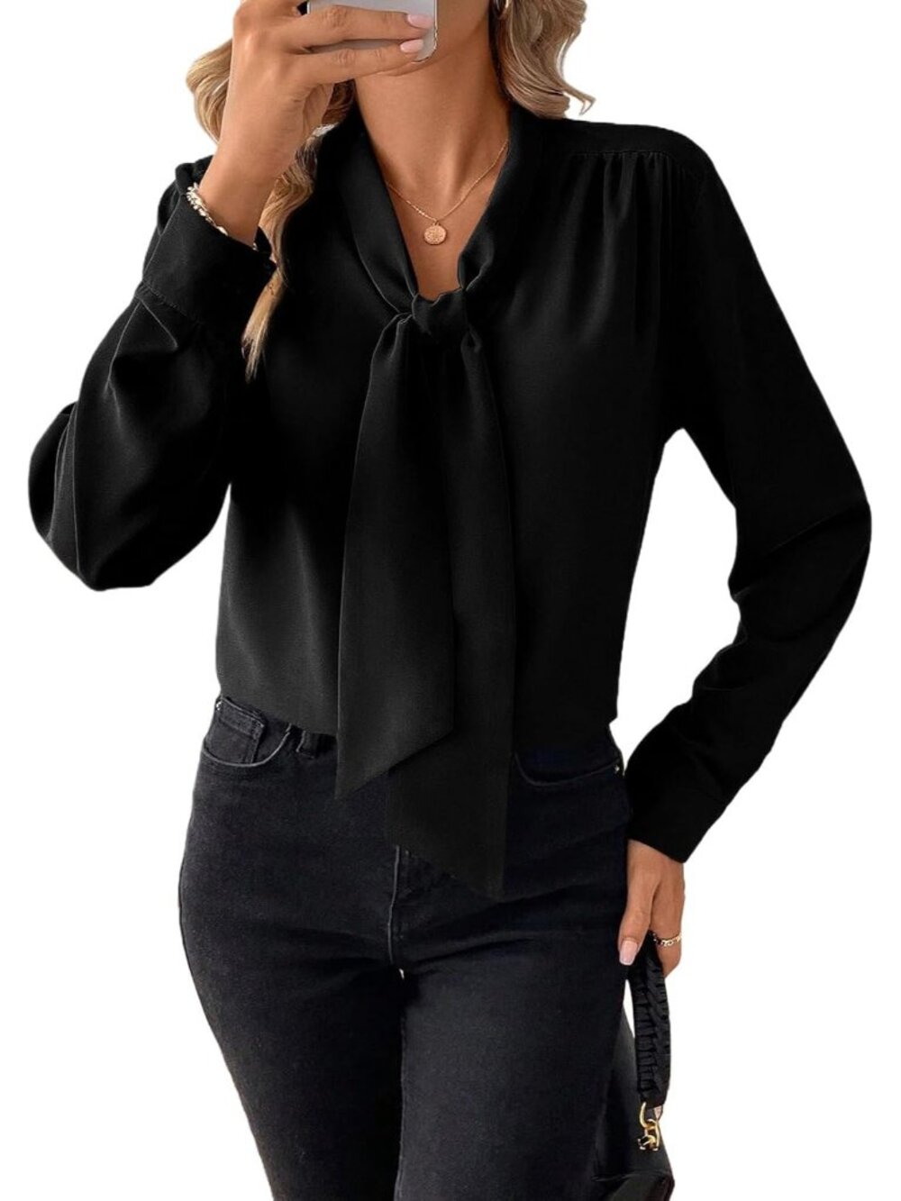 Women's Bow Tie Neck Blouse Long Sleeve Work Tops